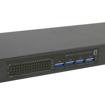 LevelOne Switch PoE Fast Ethernet de 34 puertos, 802.3at/af PoE, 32 salidas PoE, 2 x Gigabit RJ45, 250W