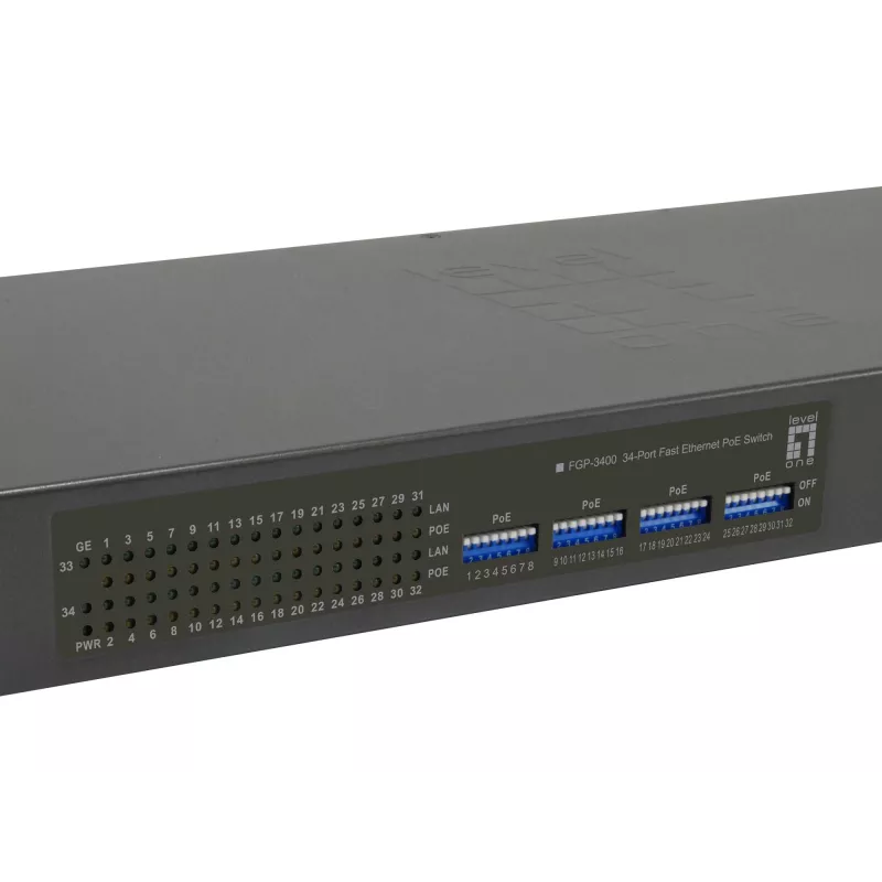 LevelOne Switch PoE Fast Ethernet de 34 puertos, 802.3at/af PoE, 32 salidas PoE, 2 x Gigabit RJ45, 250W