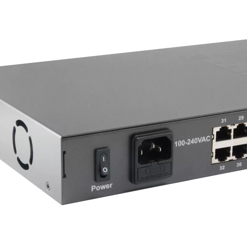 LevelOne Switch PoE Fast Ethernet de 34 puertos, 802.3at/af PoE, 32 salidas PoE, 2 x Gigabit RJ45, 630W