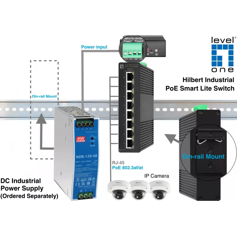 Switch gestionado LevelOne Hilbert Switch industrial Gigabit PoE Smart Lite de 8 puertos