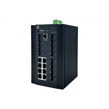 LevelOne Switch industrial gestionado L2 Plus de 20 puertos, 8 x 1GbE RJ45, 8 x 1GbE SFP, 4 x 1/2.5GbE SFP, carril DIN, -40°C a 80°C