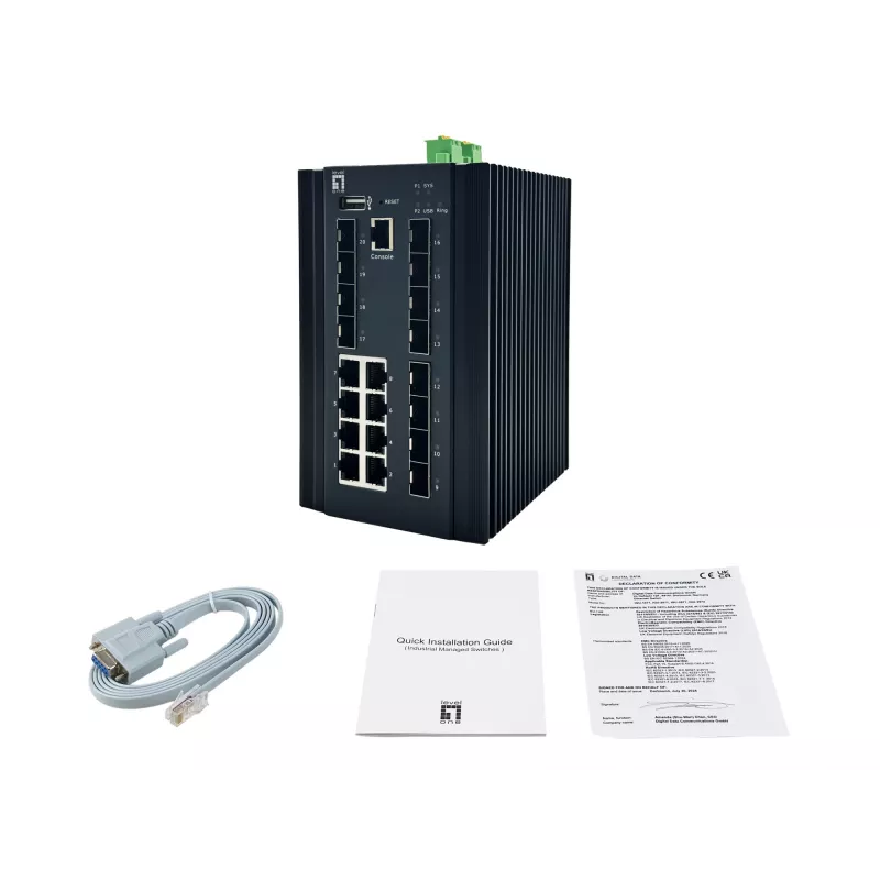LevelOne Switch industrial gestionado L2 Plus de 20 puertos, 8 x 1GbE RJ45, 8 x 1GbE SFP, 4 x 1/2.5GbE SFP, carril DIN, -40°C a 80°C