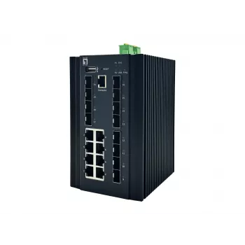 LevelOne 20-Port L2 Plus Managed Industrial Switch, 8 x 1GbE RJ45, 8 x 1GbE SFP, 4 x 1/2.5/10GbE SFP+, DIN-Rail, -40°C a 80°C