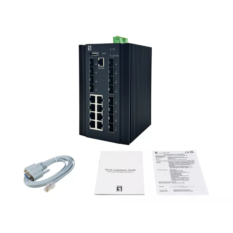 LevelOne 20-Port L2 Plus Managed Industrial Switch, 8 x 1GbE RJ45, 8 x 1GbE SFP, 4 x 1/2.5/10GbE SFP+, DIN-Rail, -40°C a 80°C