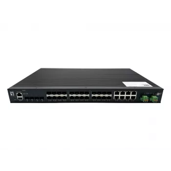 LevelOne 28-Port L2 Plus Managed Gigabit Fiber Industrial Switch, 4x 1,25/2,5GbE SFP, 16x 1,25GbE SFP, 8x Gigabit SFP/RJ45 Combo, alimentación redundante, -40°C a 80°C