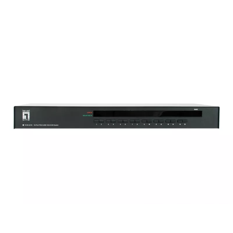 LevelOne Switch KVM PS/2-USB VGA de 16 puertos, 2048 x 1536 píxeles, montaje en rack, 1U, negro