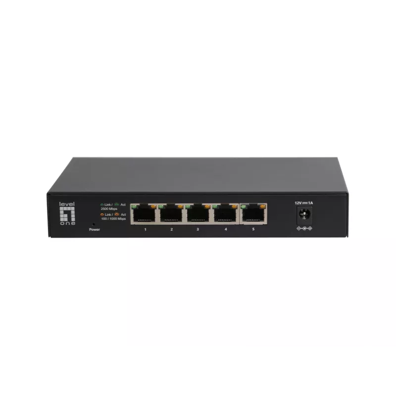 Switch Ethernet 2.5G no gestionado de 5 puertos LEVELONE GEU-0525 — 5× 2.5G RJ-45, no gestionado, 25 Gbit/s conmutación, montaje en pared