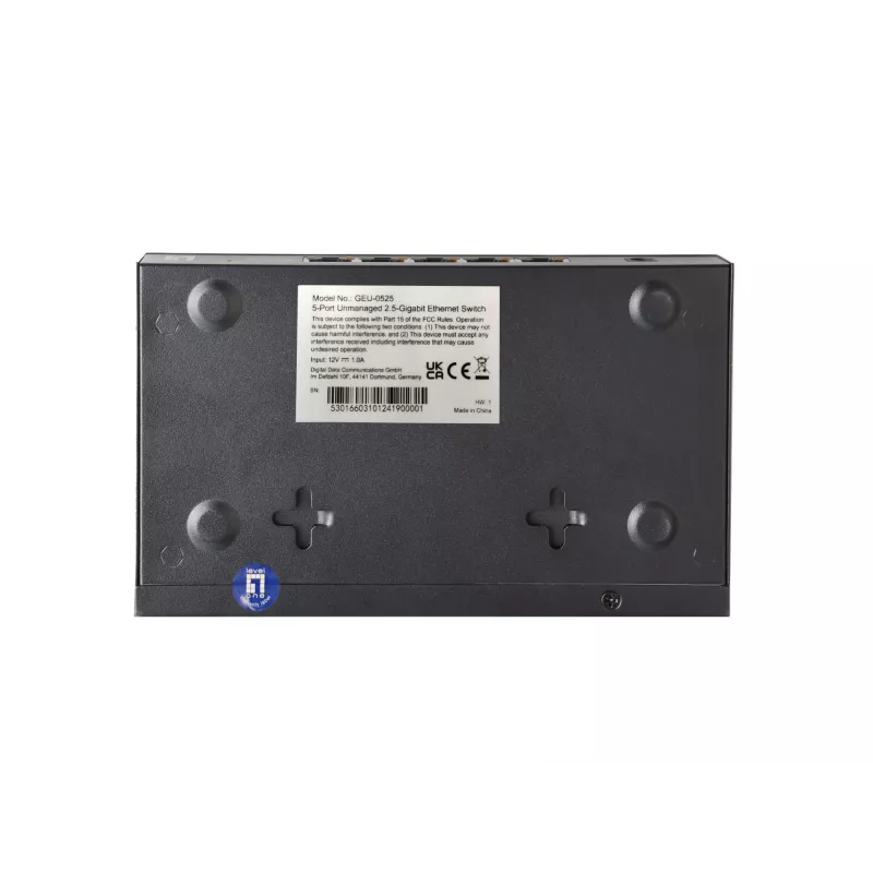 Switch Ethernet 2.5G no gestionado de 5 puertos LEVELONE GEU-0525 — 5× 2.5G RJ-45, no gestionado, 25 Gbit/s conmutación, montaje en pared