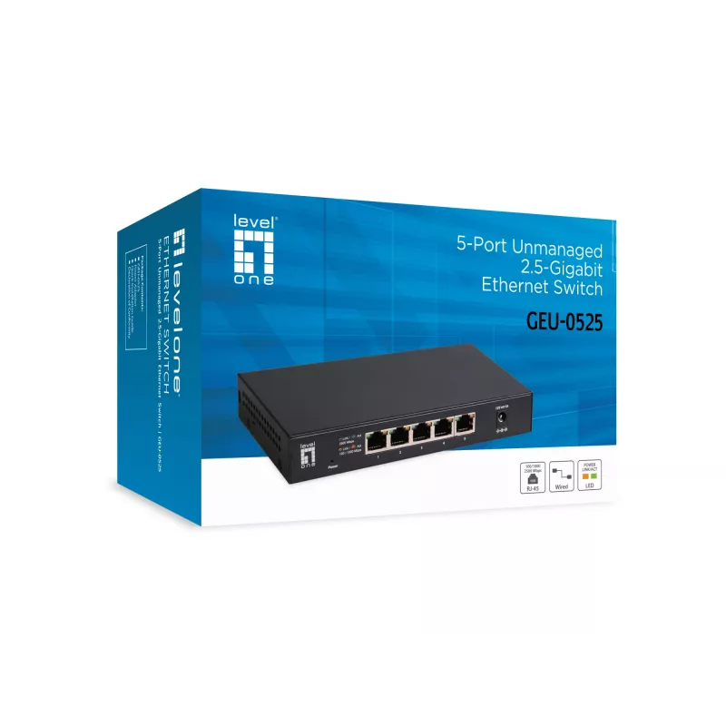 Switch Ethernet 2.5G no gestionado de 5 puertos LEVELONE GEU-0525 — 5× 2.5G RJ-45, no gestionado, 25 Gbit/s conmutación, montaje en pared