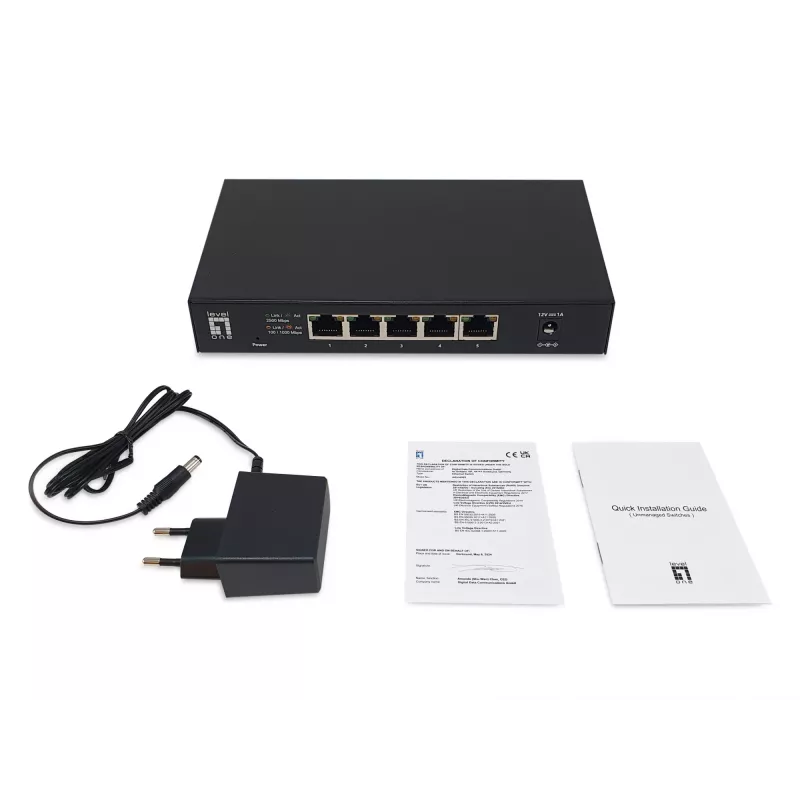 Switch Ethernet 2.5G no gestionado de 5 puertos LEVELONE GEU-0525 — 5× 2.5G RJ-45, no gestionado, 25 Gbit/s conmutación, montaje en pared