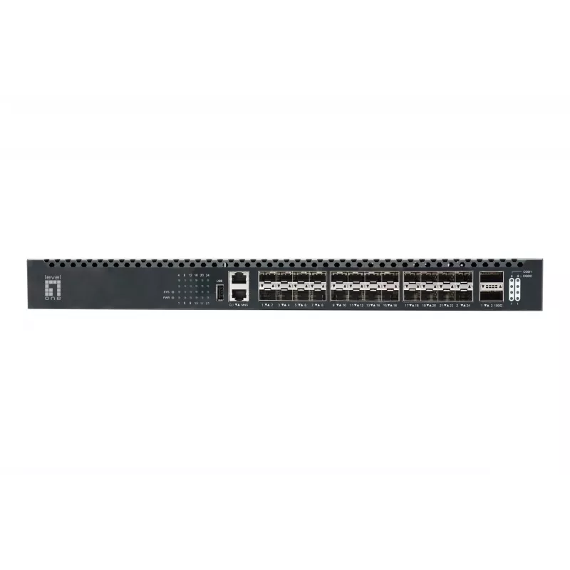 LevelOne Switch de fibra TOR gestionado L3 de 26 puertos, 24x 1/10GbE SFP+, 2x 40/100GbE QSFP28, fuente de alimentación redundante hot-swap