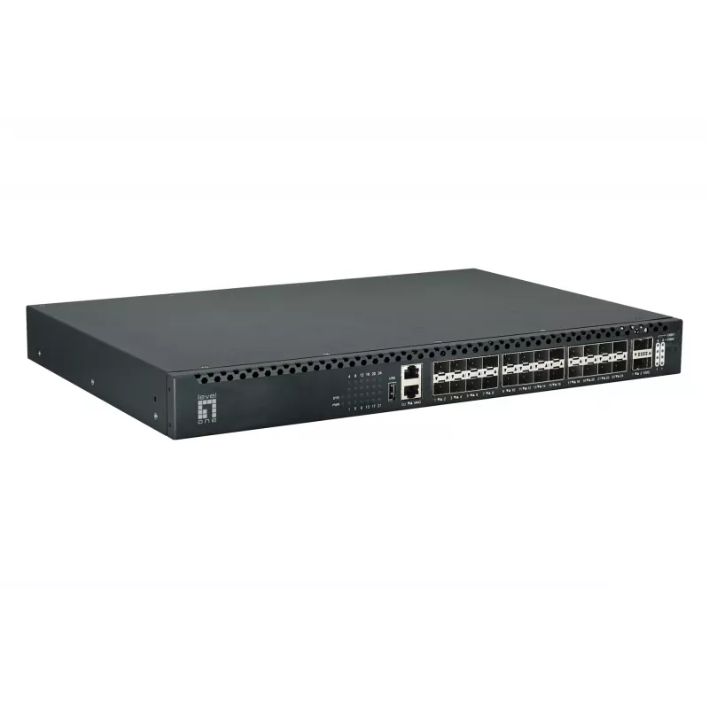 LevelOne Switch de fibra TOR gestionado L3 de 26 puertos, 24x 1/10GbE SFP+, 2x 40/100GbE QSFP28, fuente de alimentación redundante hot-swap