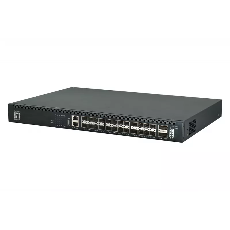 LevelOne Switch de fibra TOR gestionado L3 de 26 puertos, 24x 1/10GbE SFP+, 2x 40/100GbE QSFP28, fuente de alimentación redundante hot-swap