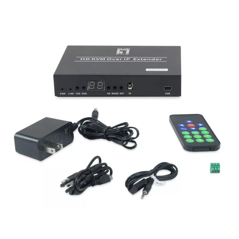 Transmisor AV LEVELONE HVE-6701T — HDMI 1.3b, hasta 1920×1080, Cat5e/Cat6/Cat7, Mini-USB, 12 V DC