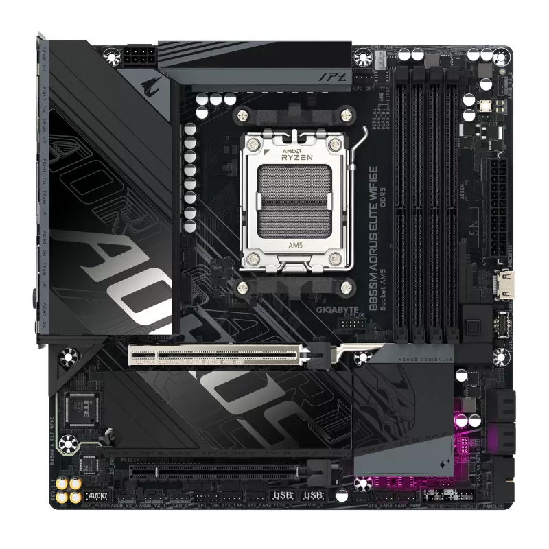 Placa base GIGABYTE B850M AORUS ELITE WIFI6E - CPUs AMD Ryzen Serie 9000, VRM digital de 12+2+2 fases, hasta 8200MHz DDR5 (OC), 1xPCIe 5.0 + 1xPCIe 4.0 M.2, WIFI 6E, 2.5GbE LAN, USB 3.2 Gen 2
