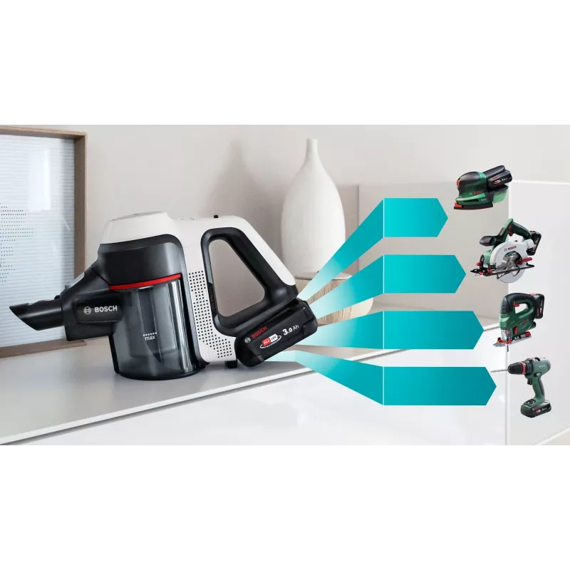 Aspirador de mano/escoba eléctrica Bosch BSS711W batería en seco sin bolsa 0,3 l Negro, Plata, Blanco