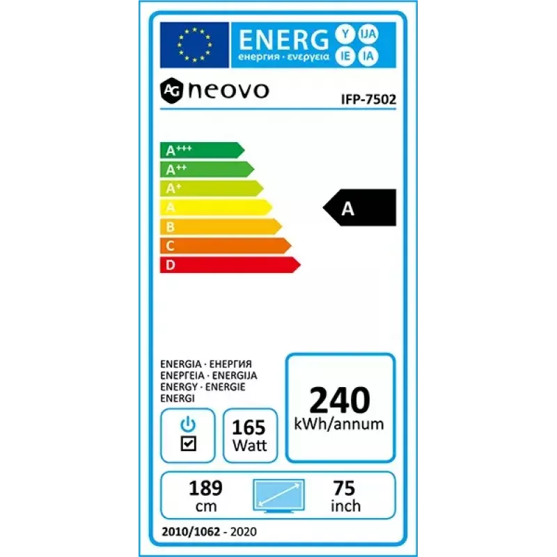 AG Neovo IFP-7502 pantalla plana interactiva 189,2 cm (74,5 inch) LCD Wi-Fi 350 cd/m² 4K Ultra HD negro táctil procesador integrado Android 8.0