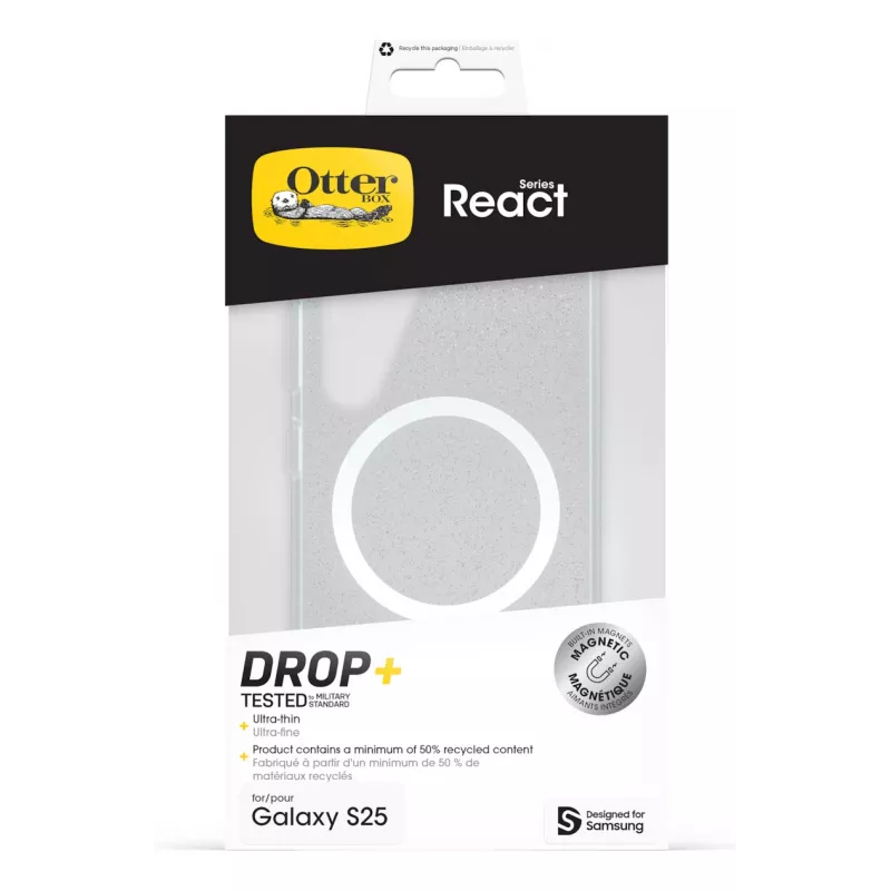 Samsung Otterbox React Case con imanes para Galaxy S25, Funda, Samsung, Galaxy S25, 15,8 cm (6,2 pulgadas), Negro, Transparente