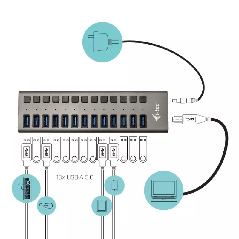 i-tec USB 3.0 Hub de carga 13 puertos + adaptador de corriente 60 W