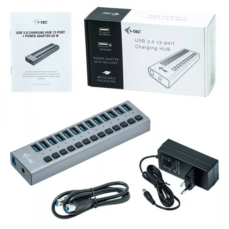 i-tec USB 3.0 Hub de carga 13 puertos + adaptador de corriente 60 W