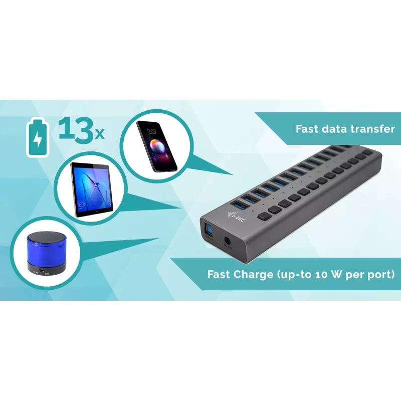 i-tec USB 3.0 Hub de carga 13 puertos + adaptador de corriente 60 W