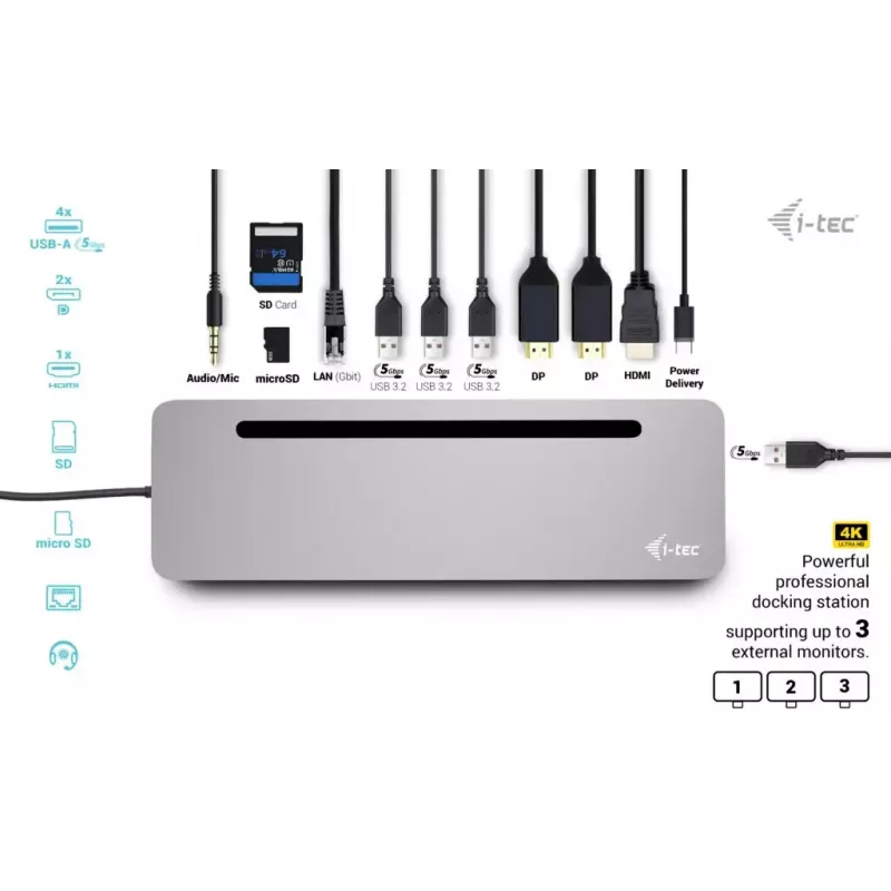 i-tec USB-C Estación de acoplamiento metálica ergonómica 3x 4K Display + Power Delivery 100 W