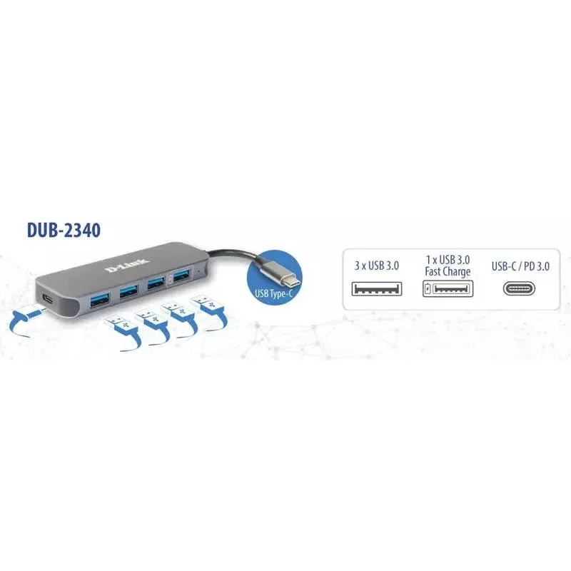 Hub USB D-Link DUB-2340 USB-C 4 puertos USB 3.0 Power Delivery 60W