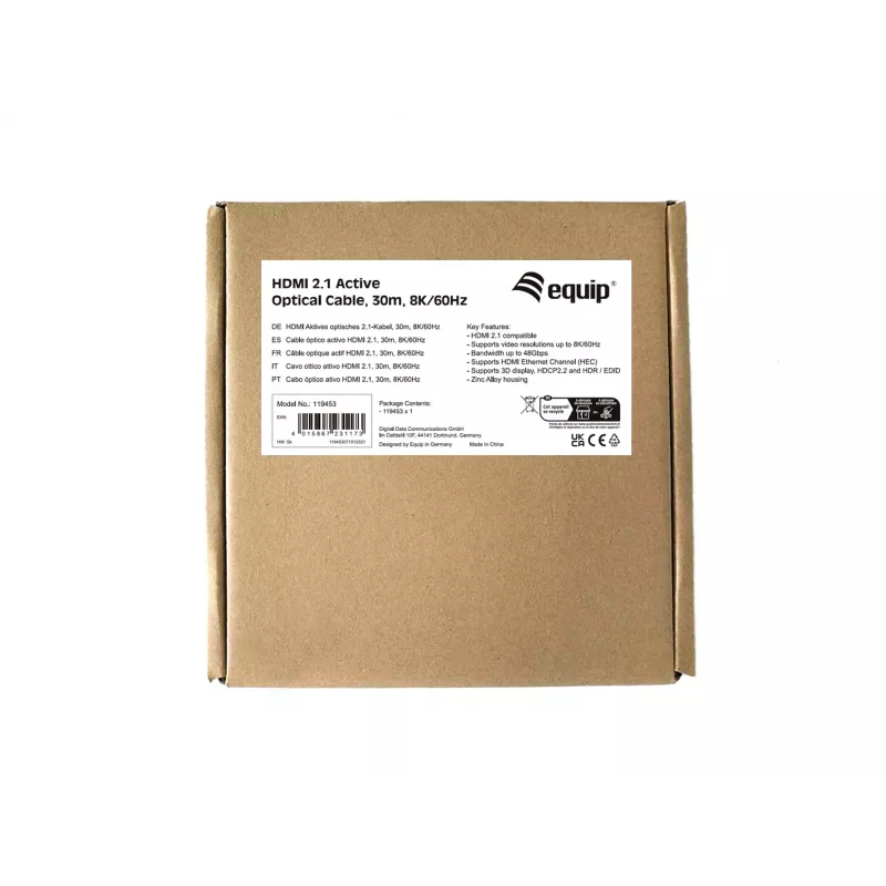 Equip cable óptico activo HDMI 2.1, 30 m, 8K/60 Hz, 30 m, HDMI Type-A (estándar), HDMI Type-A (estándar), 3D, Audio Return Channel (ARC), negro