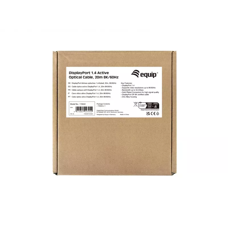 Equip cable óptico activo DisplayPort 1.4, 20 m, 8K/60Hz