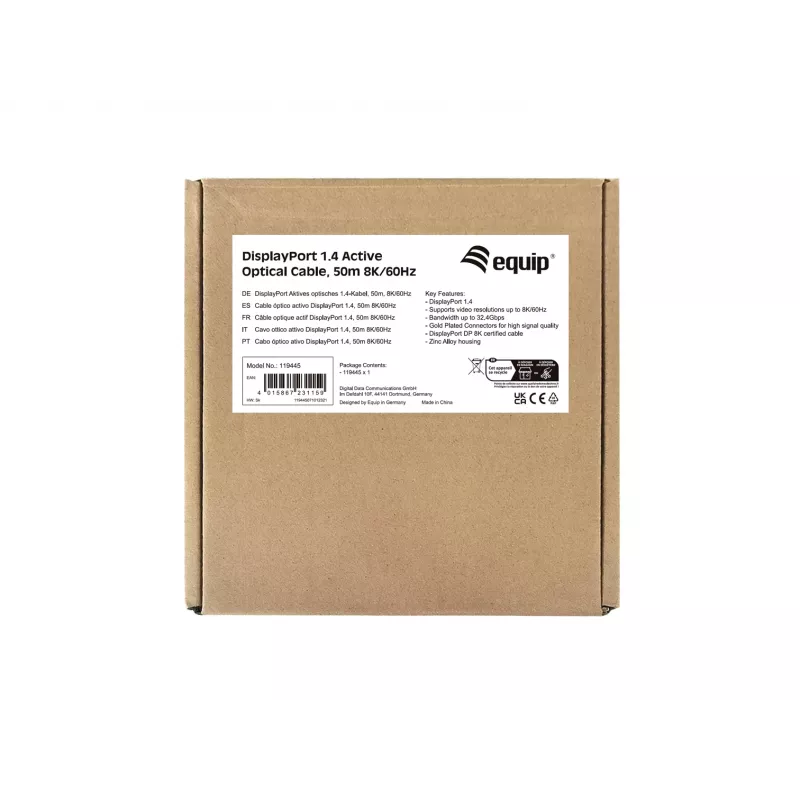 Equip cable óptico activo DisplayPort 1.4, 50 m, 8K/60Hz, 50 m, DisplayPort, DisplayPort, conector macho, conector macho, 7680 x 4320 píxeles
