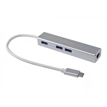 Adaptador USB-C a hub USB 3.0 de 3 puertos con adaptador Gigabit Equip, USB 3.2 Gen 1 (3.1 Gen 1) Type-C, plateado, USB 3.2 Gen 1 (3.1 Gen 1) Type-A, WLAN, aluminio, 22 mm, 15 mm