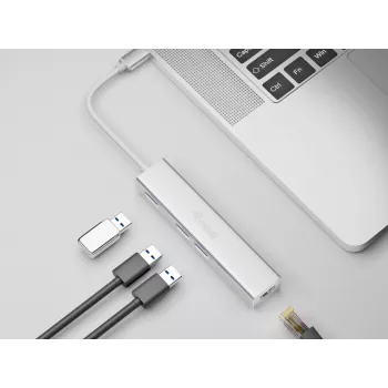Adaptador USB-C a hub USB 3.0 de 3 puertos con adaptador Gigabit Equip, USB 3.2 Gen 1 (3.1 Gen 1) Type-C, plateado, USB 3.2 Gen 1 (3.1 Gen 1) Type-A, WLAN, aluminio, 22 mm, 15 mm
