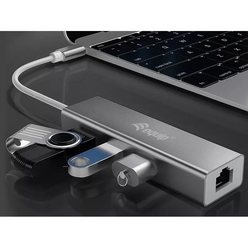 Equip 133481 hub USB-C de 3 puertos USB 3.0 con adaptador Gigabit, USB 3.2 Gen 1, USB Type-A
