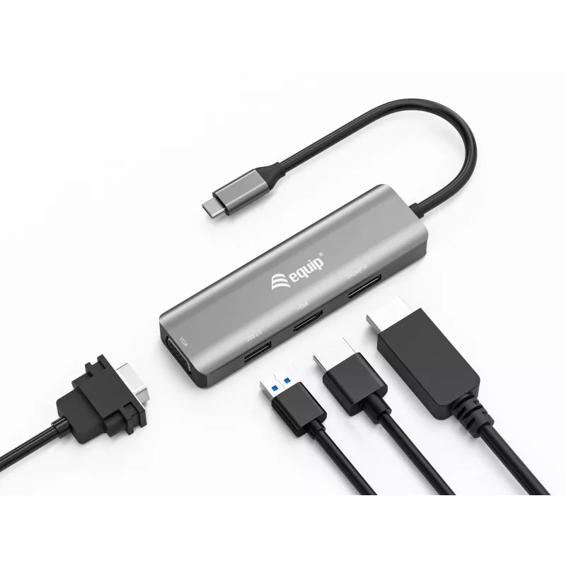 Adaptador Equip USB-C a HDMI/DisplayPort/VGA/USB, USB Type-C, salida HDMI, salida DisplayPort, salida VGA (D-Sub), 3840 x 2160 píxeles