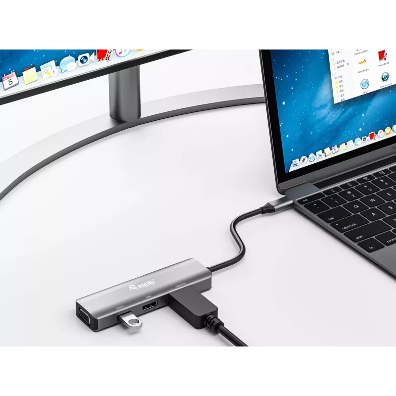 Adaptador Equip USB-C a HDMI/DisplayPort/VGA/USB, USB Type-C, salida HDMI, salida DisplayPort, salida VGA (D-Sub), 3840 x 2160 píxeles
