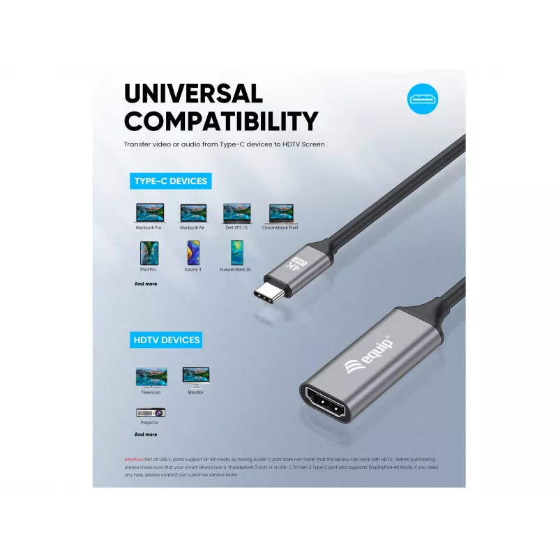 Adaptador Equip USB-C a HDMI 2.0, 4K/60Hz, 0,15 m, USB Type-C, HDMI, conector macho, conector hembra, recto