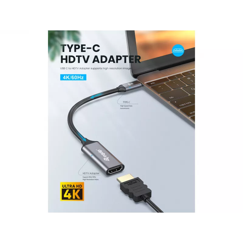 Adaptador Equip USB-C a HDMI 2.0, 4K/60Hz, 0,15 m, USB Type-C, HDMI, conector macho, conector hembra, recto