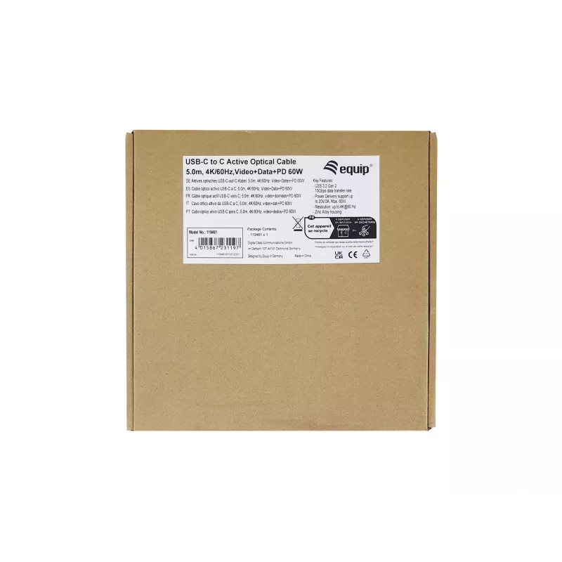 Cable óptico activo Equip USB-C a C, M/M, 5,0 m, PD 60 W, 4K/60 Hz, 10 Gbit/s, vídeo+datos+PD