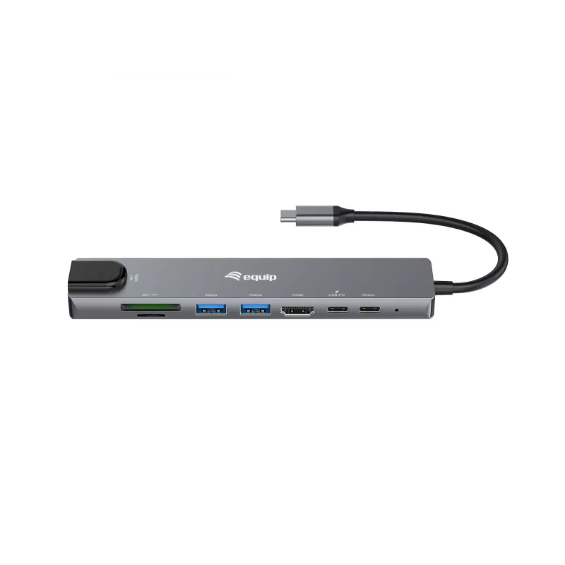 Adaptador multifunción 8 en 1 USB-C Equip, con cable, USB Type-C, 100 W, 1000 Mbit/s, 1000BASE-T, IEEE 802.3ab