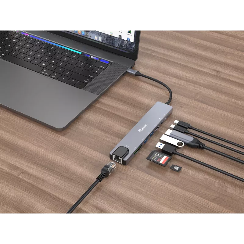 Adaptador multifunción 8 en 1 USB-C Equip, con cable, USB Type-C, 100 W, 1000 Mbit/s, 1000BASE-T, IEEE 802.3ab