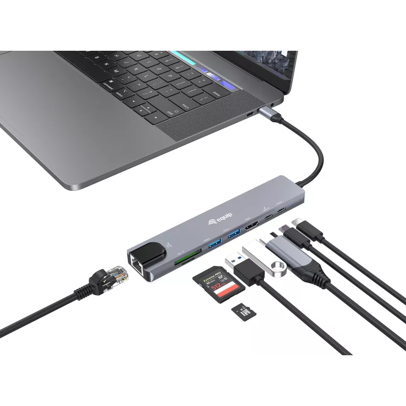 Adaptador multifunción 8 en 1 USB-C Equip, con cable, USB Type-C, 100 W, 1000 Mbit/s, 1000BASE-T, IEEE 802.3ab