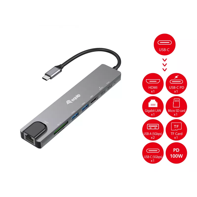 Adaptador multifunción 8 en 1 USB-C Equip, con cable, USB Type-C, 100 W, 1000 Mbit/s, 1000BASE-T, IEEE 802.3ab