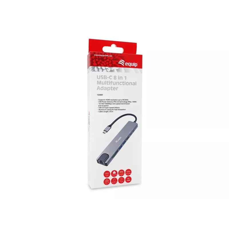 Adaptador multifunción 8 en 1 USB-C Equip, con cable, USB Type-C, 100 W, 1000 Mbit/s, 1000BASE-T, IEEE 802.3ab