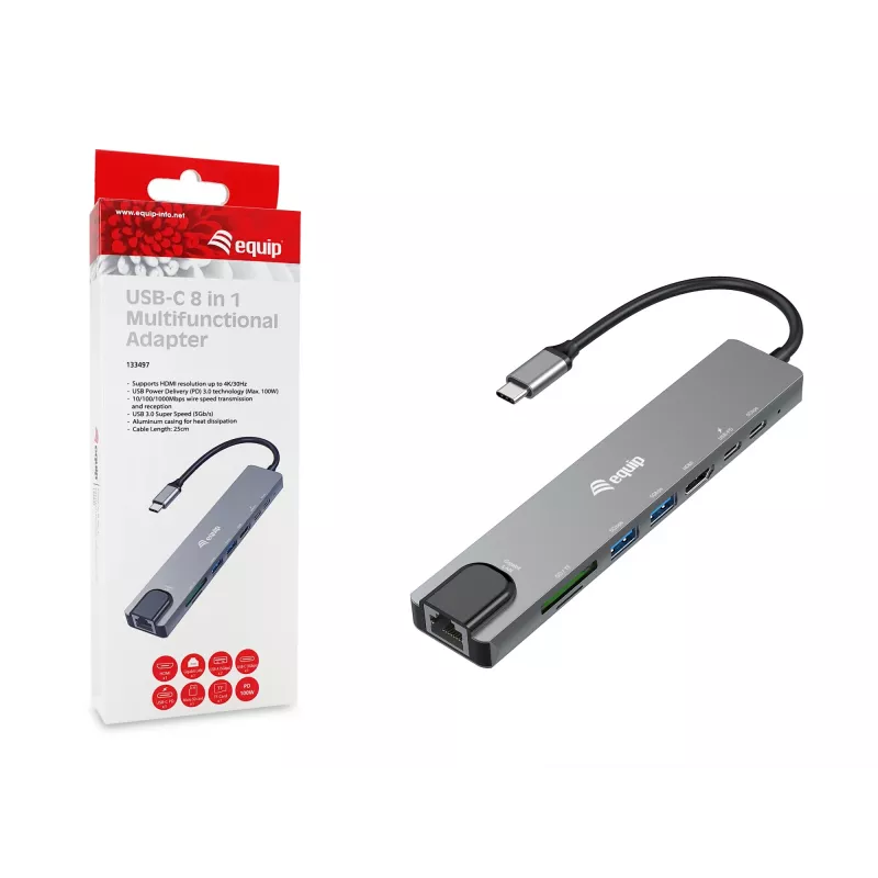 Adaptador multifunción 8 en 1 USB-C Equip, con cable, USB Type-C, 100 W, 1000 Mbit/s, 1000BASE-T, IEEE 802.3ab