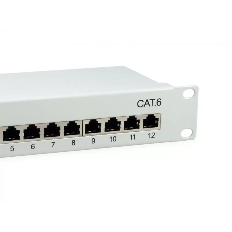 Equip Patch Panel 12 puertos Cat.6 apantallado, gris claro, Gigabit Ethernet, 1000 Mbit/s, RJ-45, Cat6, Cat6e, 1U, gris