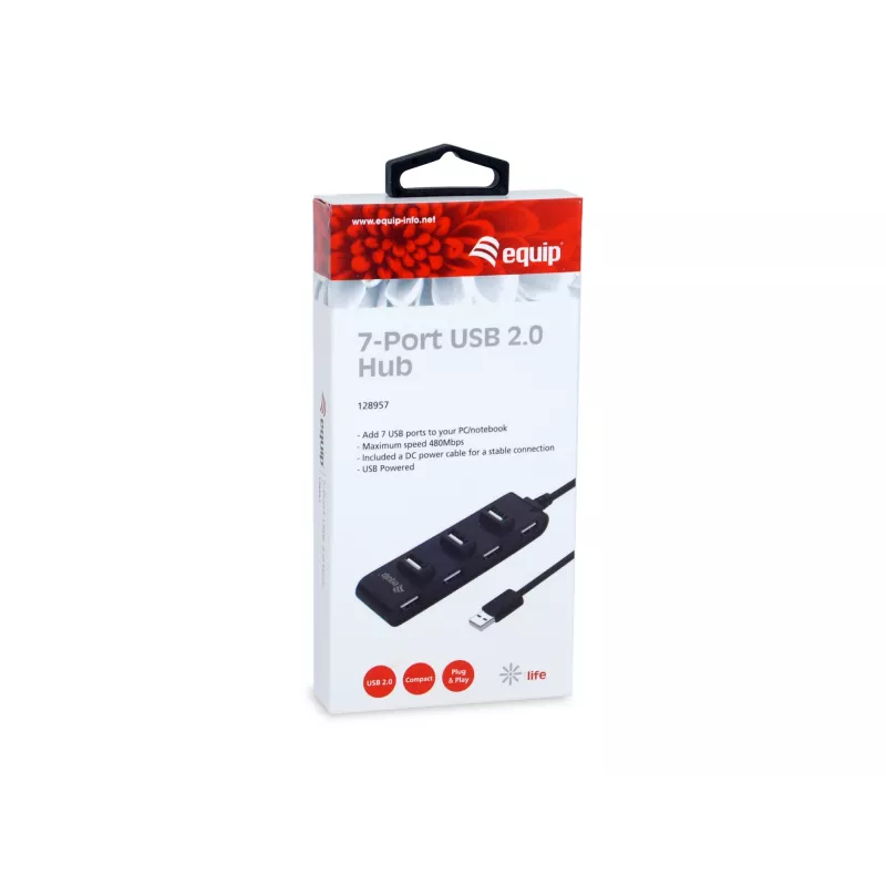 Concentrador USB Equip 7 puertos USB 2.0, USB 2.0, USB 2.0, 480 Mbit/s, negro, China, CE, RoHS