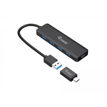 Concentrador USB Equip 4 puertos USB 3.2 Gen 1 con adaptador USB-C negro 5000 Mbit/s