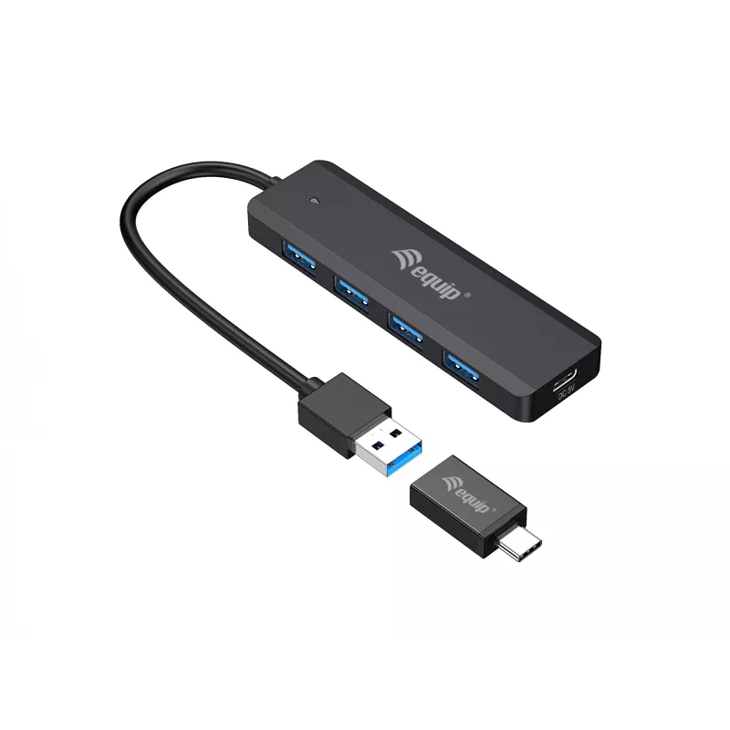 Concentrador USB Equip 4 puertos USB 3.2 Gen 1 con adaptador USB-C negro 5000 Mbit/s