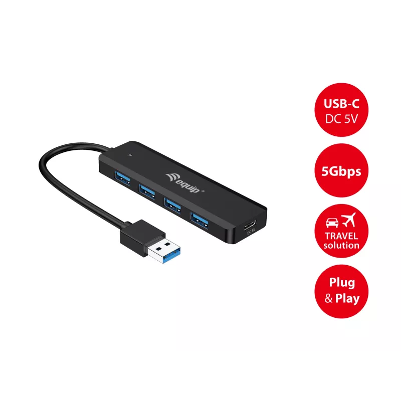 Concentrador USB Equip 4 puertos USB 3.2 Gen 1 con adaptador USB-C negro 5000 Mbit/s