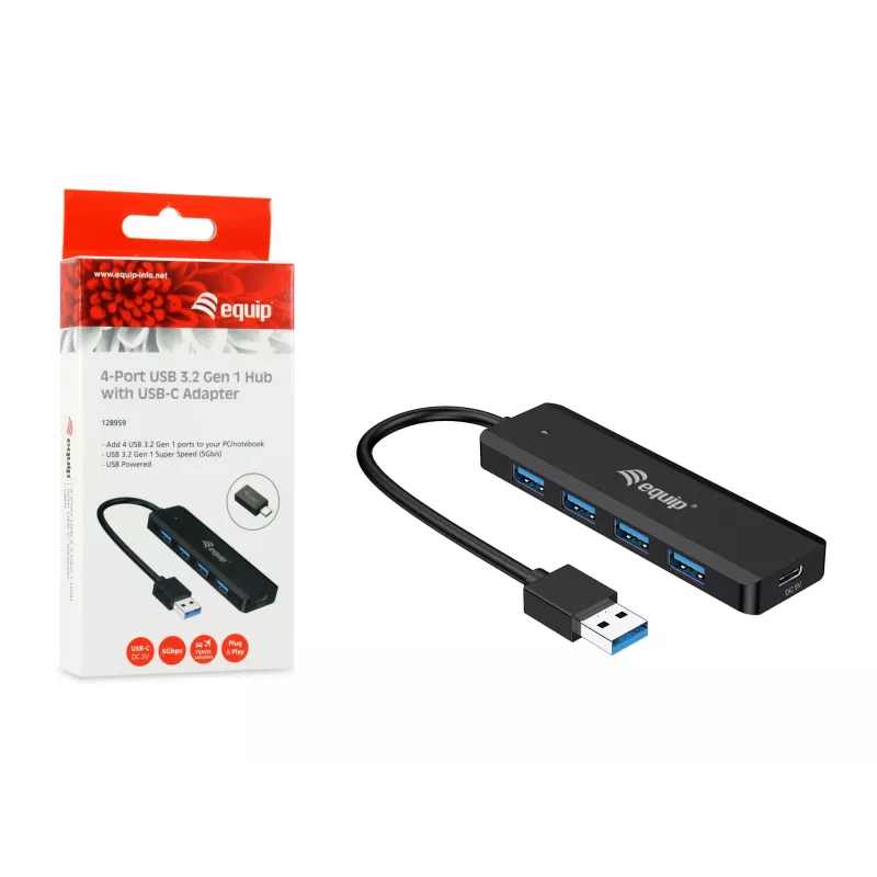 Concentrador USB Equip 4 puertos USB 3.2 Gen 1 con adaptador USB-C negro 5000 Mbit/s